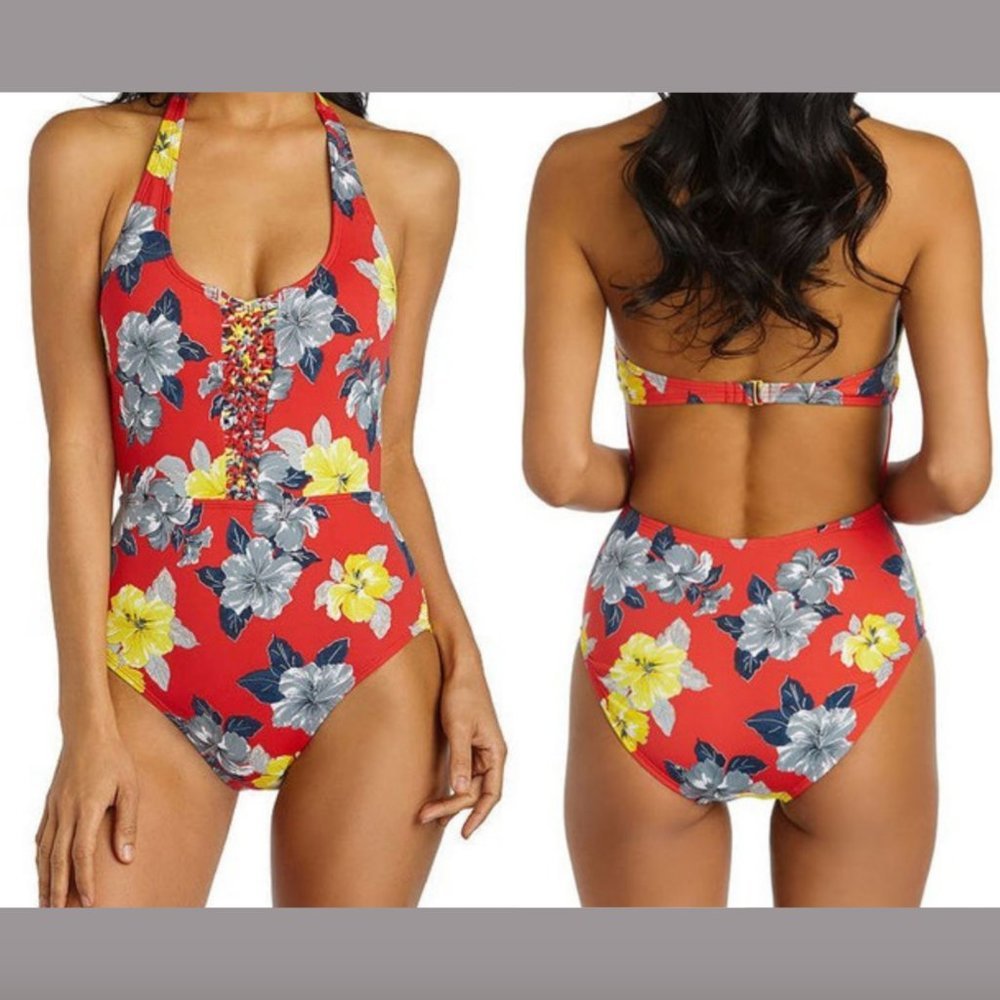 NWT $89 Ambrielle Hawaiian Floral One Piece‎ Swimsuit in Red [SZ Medium ] #3902